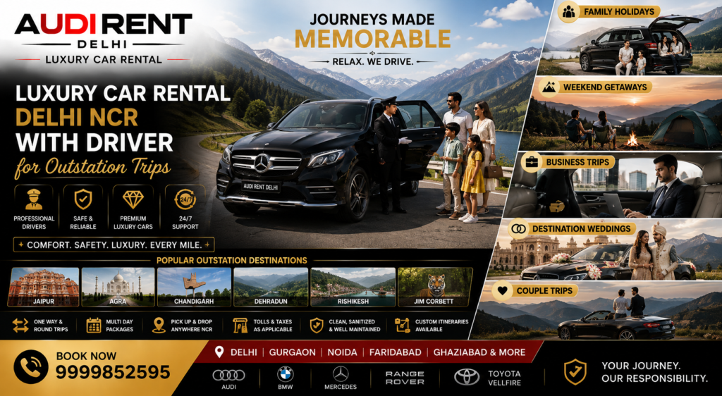 Luxury outstation car rental from Delhi NCR with driver for family holidays, weekend getaways, business trips and destination weddings