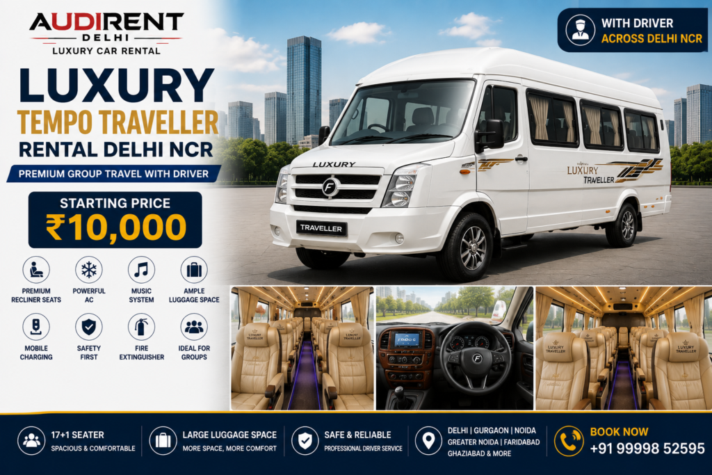 Luxury Tempo Traveller rental in Delhi NCR with driver for weddings, family tours, corporate outings and group travel