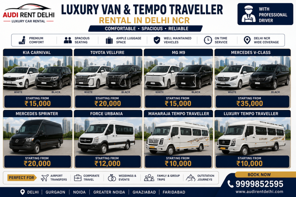Luxury van and Tempo Traveller rental in Delhi NCR with Kia Carnival, Toyota Vellfire, MG M9, Mercedes V-Class, Sprinter, Force Urbania and Tempo Travellers.