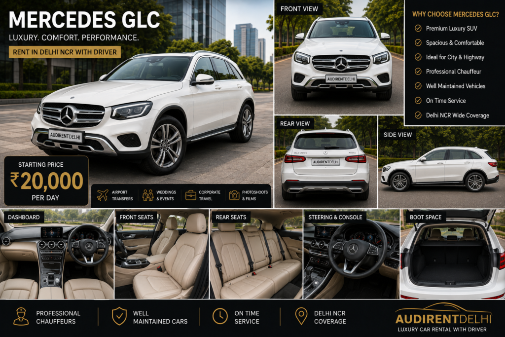 White Mercedes GLC rental in Delhi NCR with driver showing exterior, interior, front, rear, side and boot space