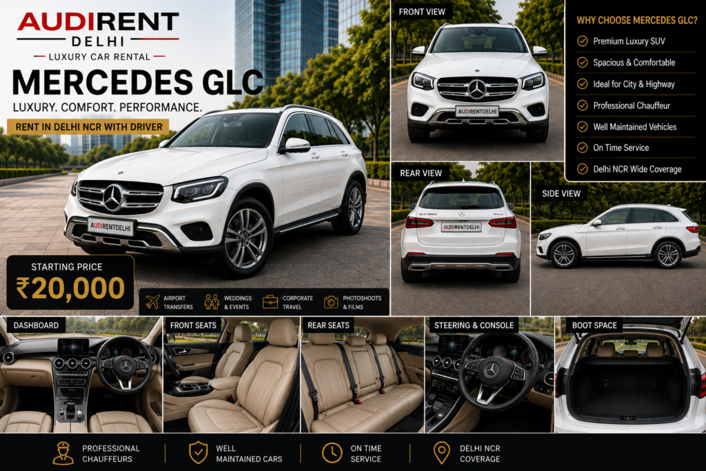 Mercedes GLC rental in Delhi NCR with professional chauffeur for airport transfers, weddings, corporate travel and events