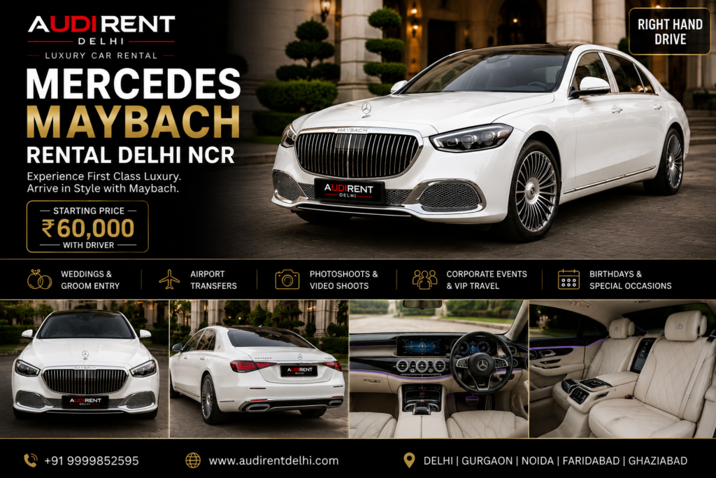 Mercedes-Maybach rental in Delhi NCR with chauffeur for VIP travel, luxury weddings, airport transfers and corporate events