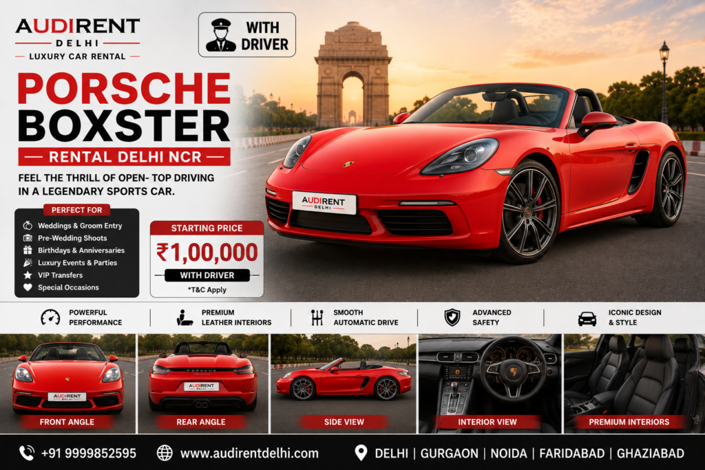 Porsche Boxster convertible rental in Delhi NCR with driver for weddings, groom entry, pre-wedding shoots and luxury events