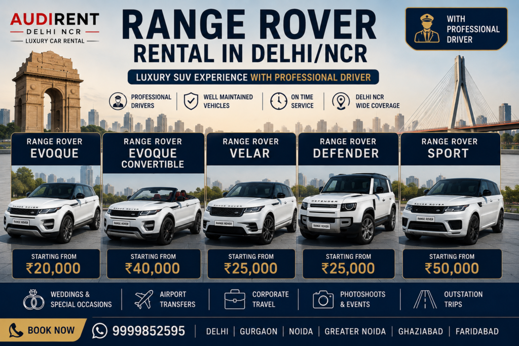 Range Rover rental in Delhi NCR with driver featuring Evoque, Evoque Convertible, Velar, Defender and Range Rover Sport