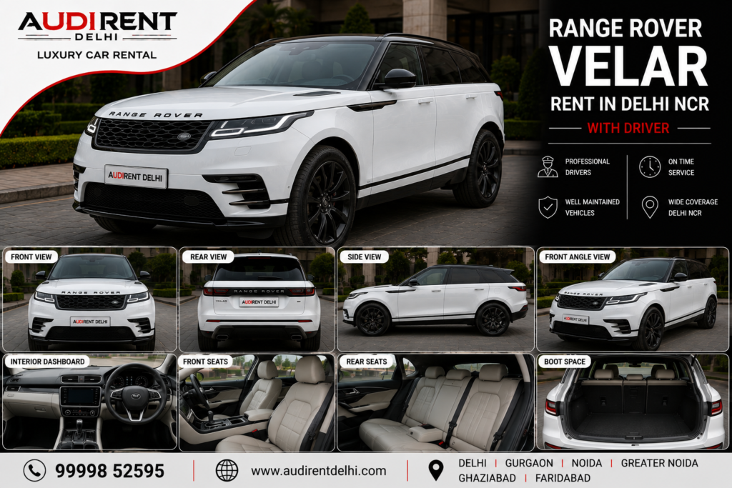 Range Rover Velar for hire with driver in Delhi NCR showing exterior angles, luxury interior, seats and boot
