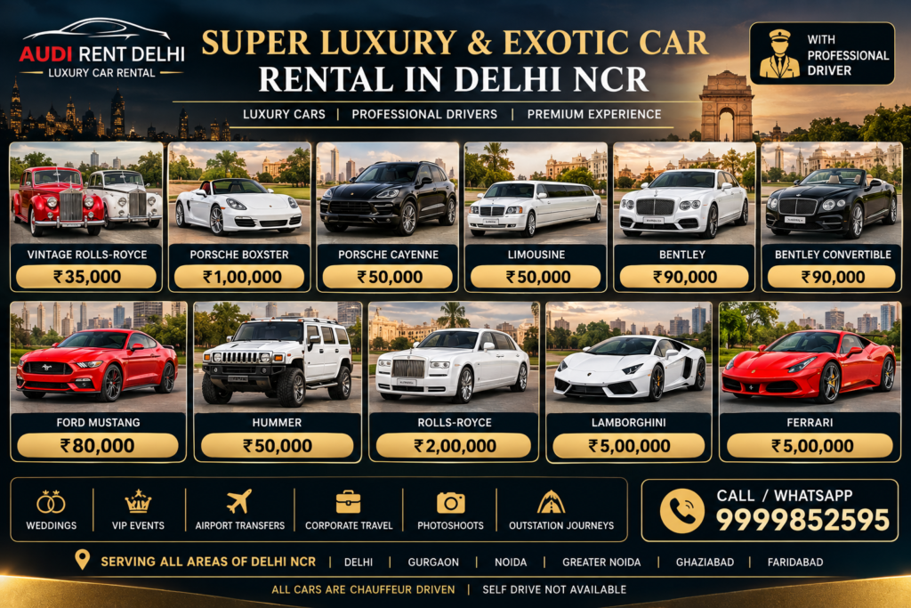 Super luxury and exotic cars on rent in Delhi NCR including Rolls-Royce, Bentley, Ferrari, Lamborghini, Porsche, Mustang and Hummer with driver.