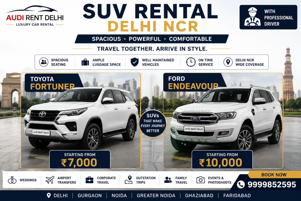 SUV rental in Delhi NCR with driver featuring Toyota Fortuner and Ford Endeavour for weddings, airport transfers, family and outstation trips.