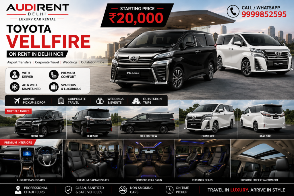 Toyota Vellfire rental in Delhi NCR with driver for airport transfers, corporate travel, weddings and outstation trips