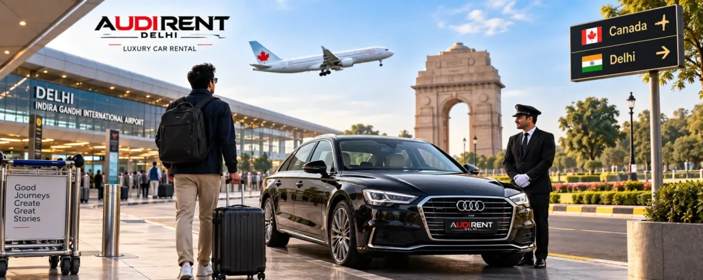 Canadian traveller arriving in Delhi with chauffeur-driven Audi luxury car at Delhi Airport