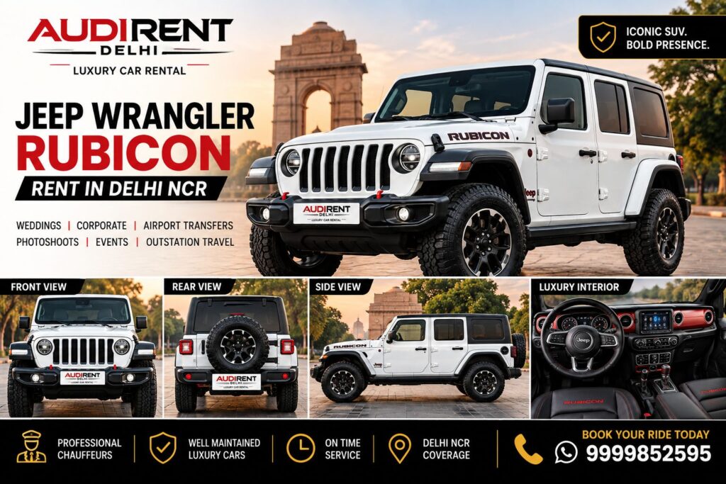 Jeep Wrangler Rubicon rental in Delhi NCR with interior and exterior views
