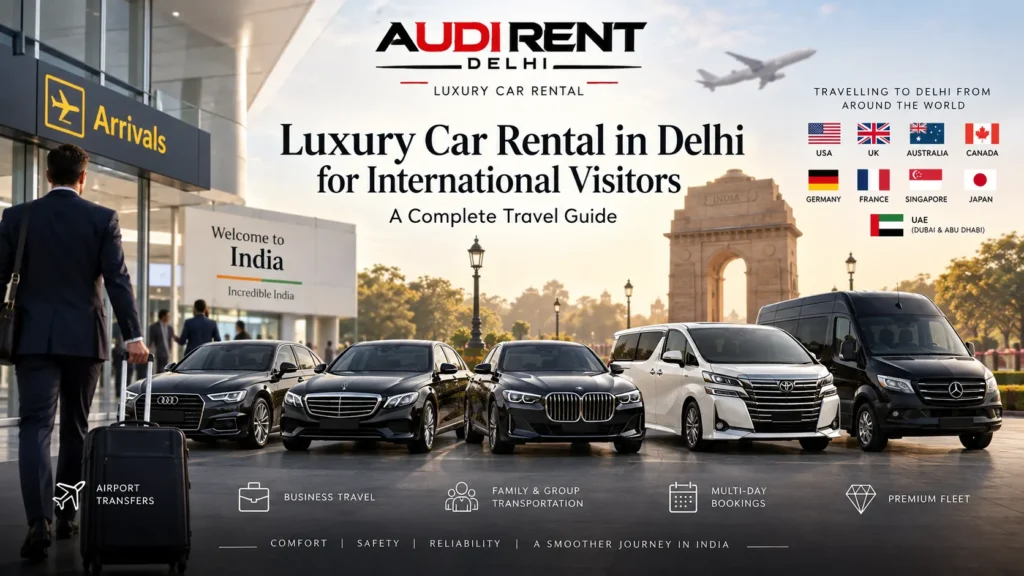 Chauffeur-driven luxury car rental in Delhi for international visitors with Audi, BMW, Mercedes and luxury group vehicles