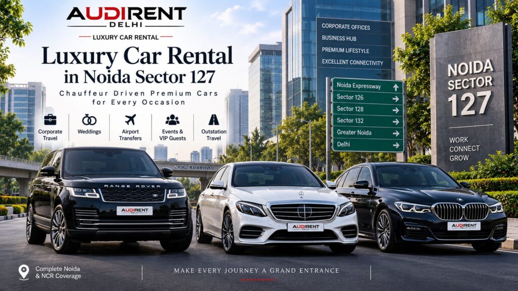 Luxury car rental in Noida Sector 127 with chauffeur-driven Range Rover, Mercedes and BMW for corporate travel, weddings and airport transfers