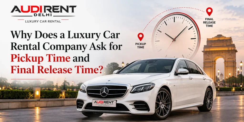 White luxury car illustrating pickup time and final release time for luxury car rental in Delhi NCR