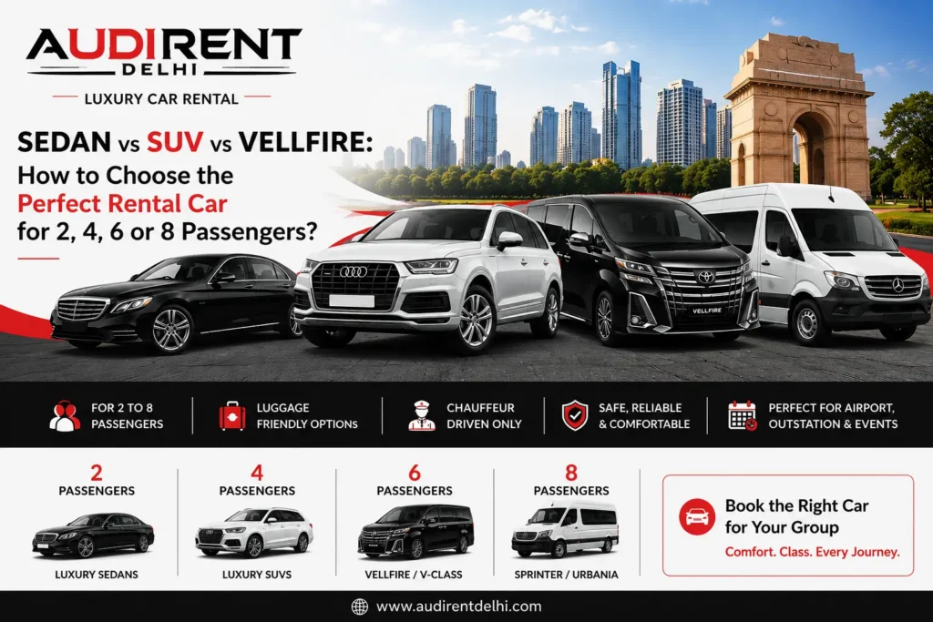 Sedan vs SUV vs Vellfire comparison for choosing the best chauffeur-driven rental car for 2, 4, 6 or 8 passengers in Delhi NCR