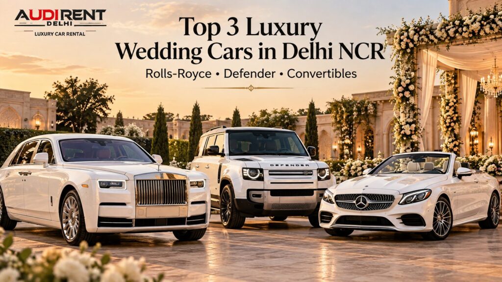 White Rolls-Royce, Land Rover Defender and Mercedes convertible at a luxury wedding venue in Delhi NCR, featuring Audi Rent Delhi.