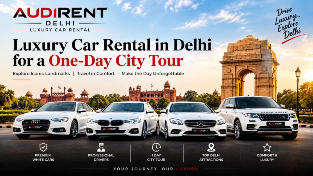 White luxury Audi, BMW and Mercedes cars for a one-day Delhi city tour with Audi Rent Delhi