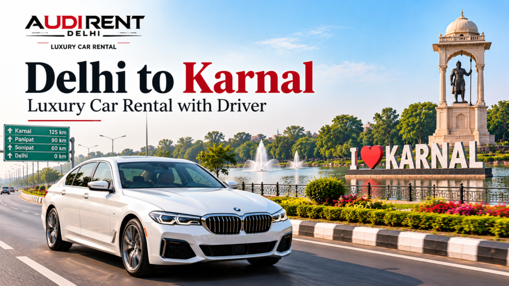 White BMW luxury sedan near Karnal's lakeside attractions, promoting Delhi to Karnal luxury car rental with driver by Audi Rent Delhi.