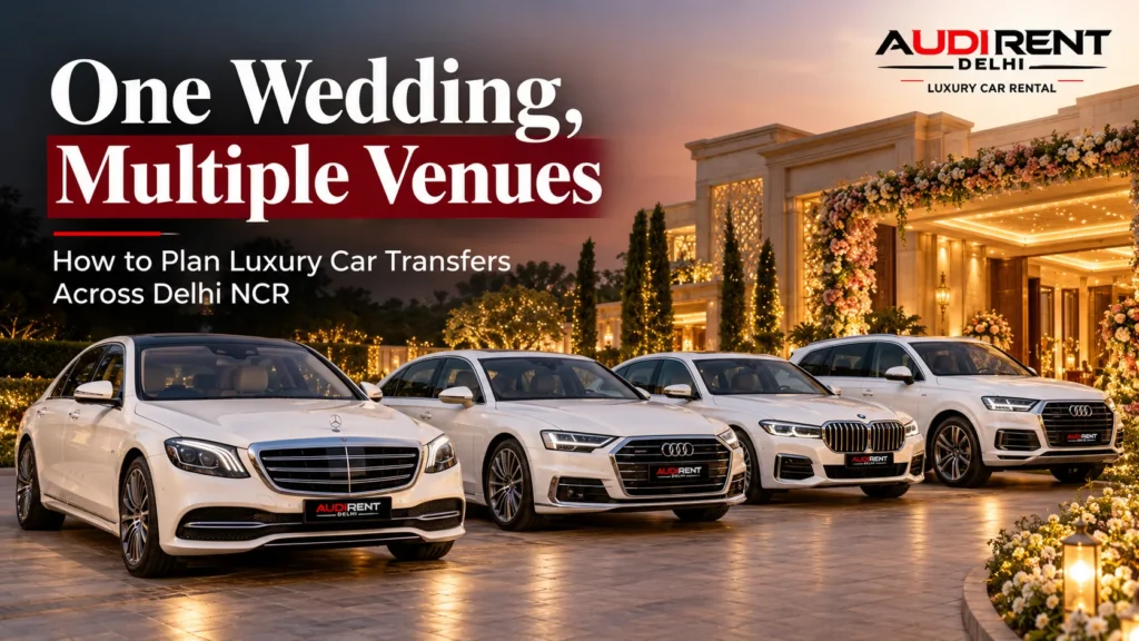 Four white luxury cars, including Mercedes-Benz, Audi and BMW, arranged outside a decorated wedding venue in Delhi NCR.