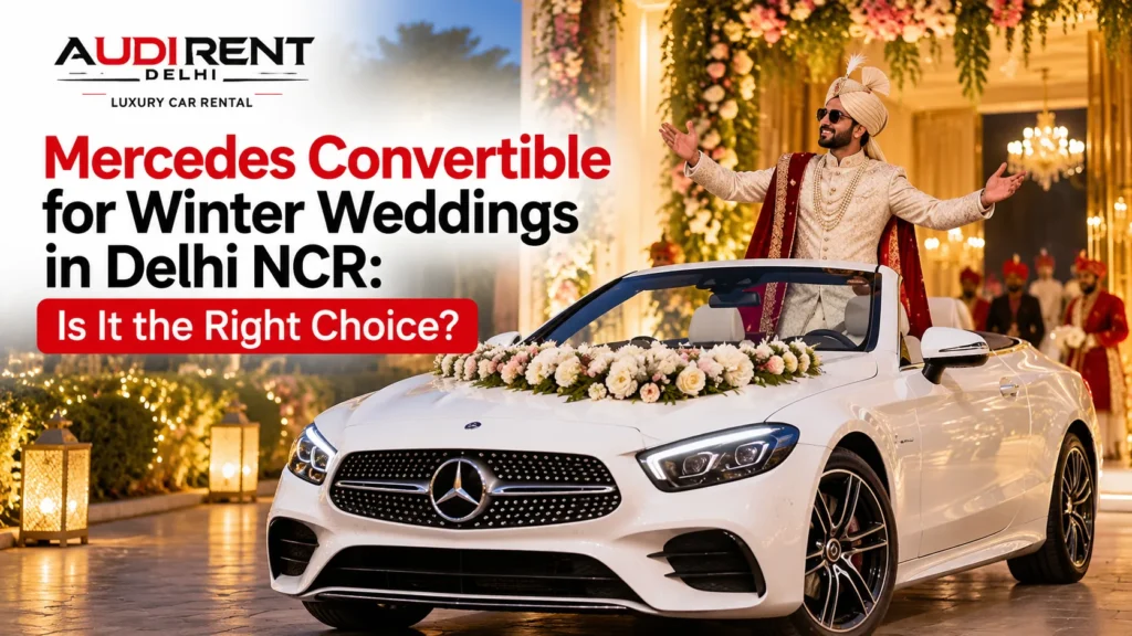 White Mercedes-Benz convertible with groom at a luxury winter wedding venue in Delhi NCR.